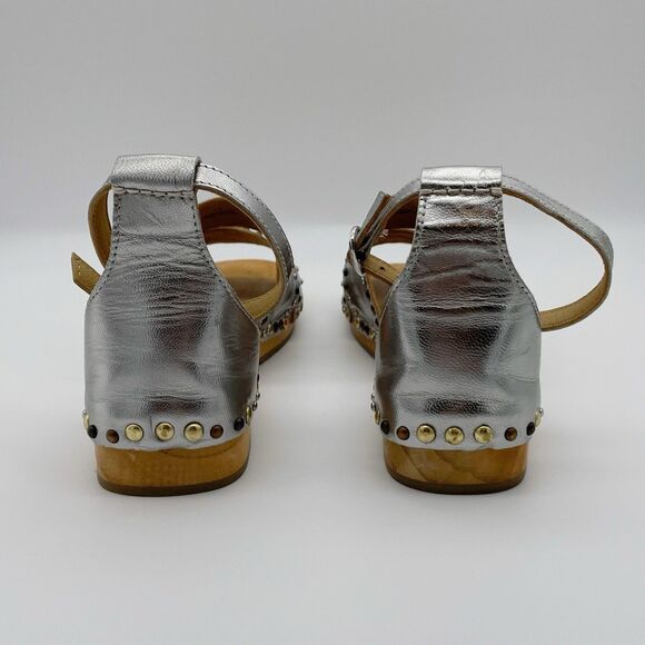 Free People Sandals 10 / 41 North Shore Clog Silver Leather Strappy Studded Wood - Picture 5 of 8